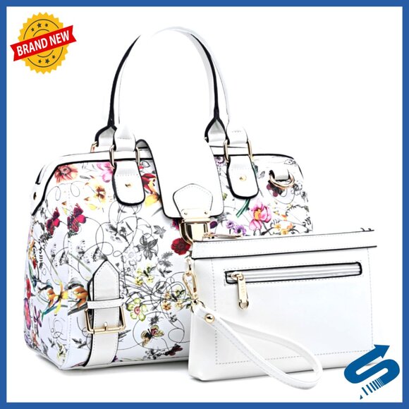 Vegan Leather Tote with Floral Print, Top Handle Shoulder Bag, 12x8.5x6.3 Inches